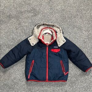 Navy and Red Puffer Jacket with Faux Fur Hood